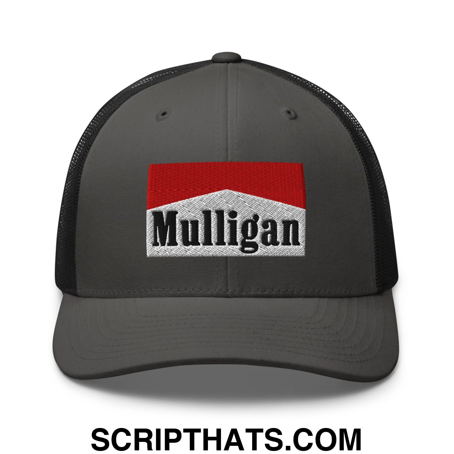 Mulligan Cigarette Red Embroidered Mesh Trucker Hat Charcoal Black