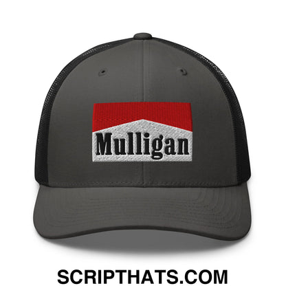 Mulligan Cigarette Red Embroidered Mesh Trucker Hat Charcoal Black