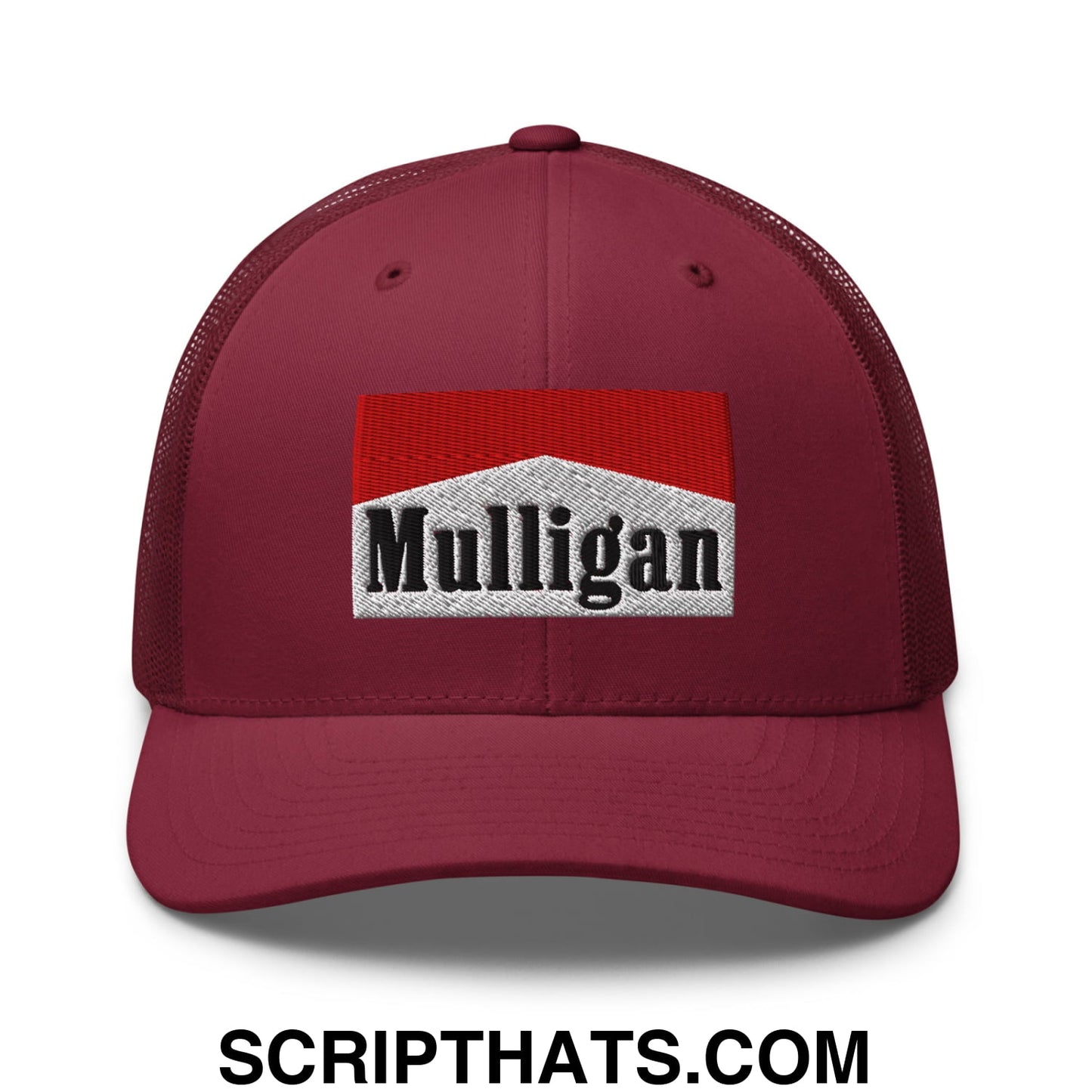 Mulligan Cigarette Red Embroidered Mesh Trucker Hat Cranberry