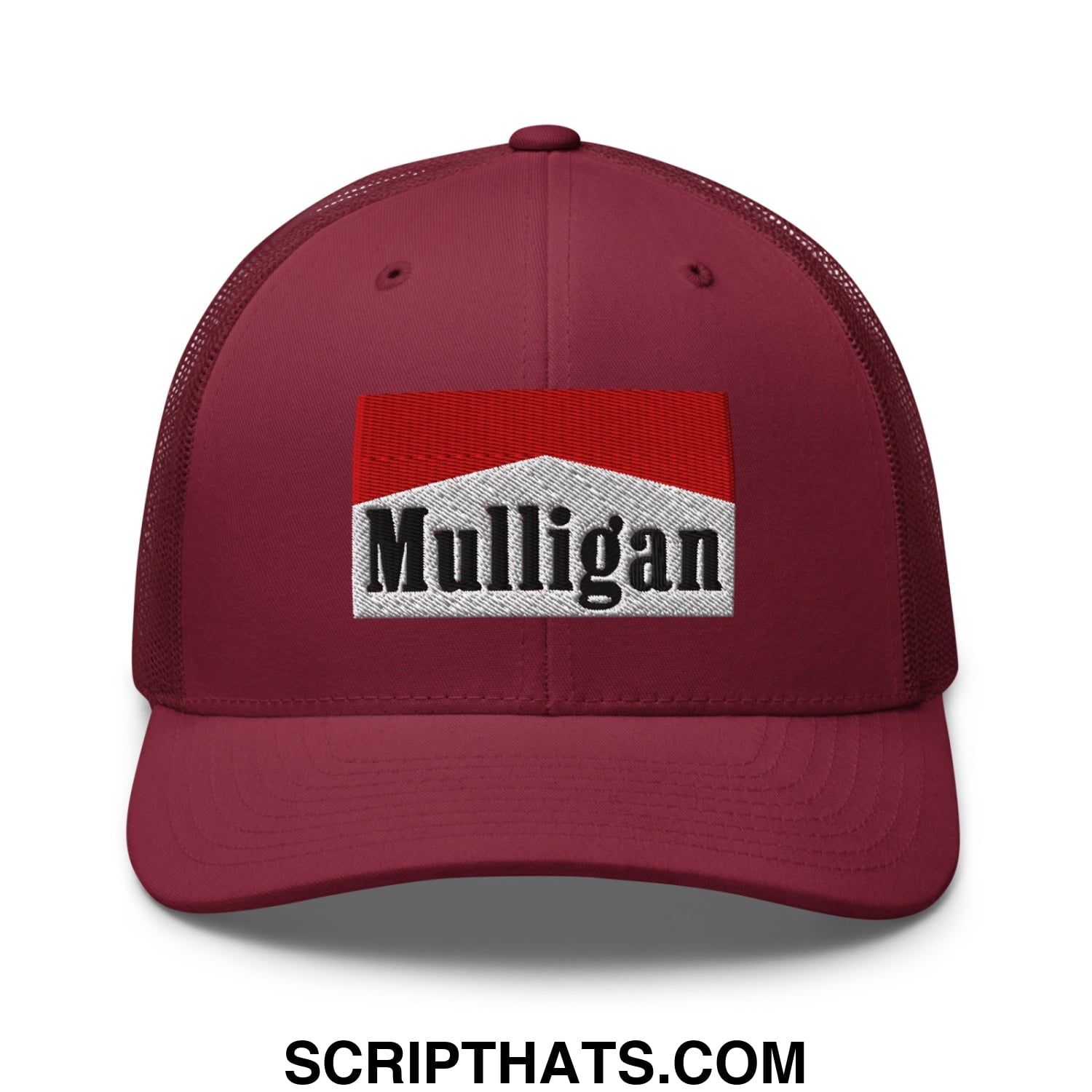 Mulligan Cigarette Red Embroidered Mesh Trucker Hat Cranberry