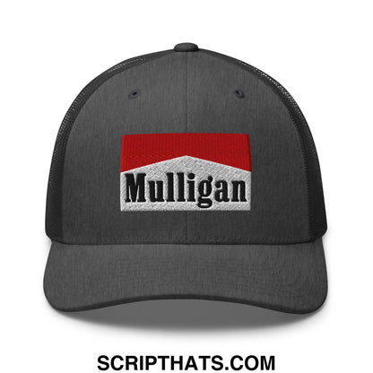 Mulligan Cigarette Red Embroidered Mesh Trucker Hat Dark Heather Gray