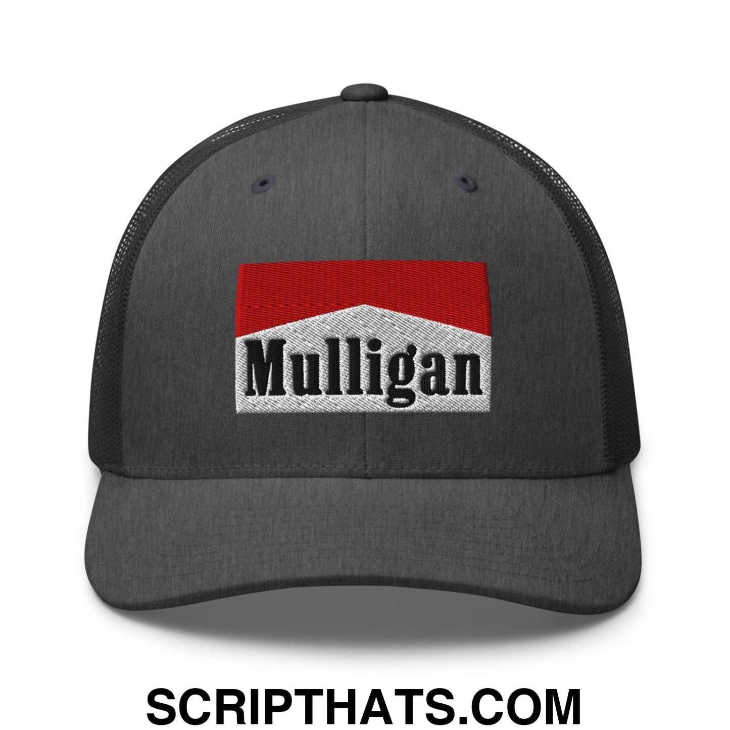 Mulligan Cigarette Red Embroidered Mesh Trucker Hat Dark Heather Gray