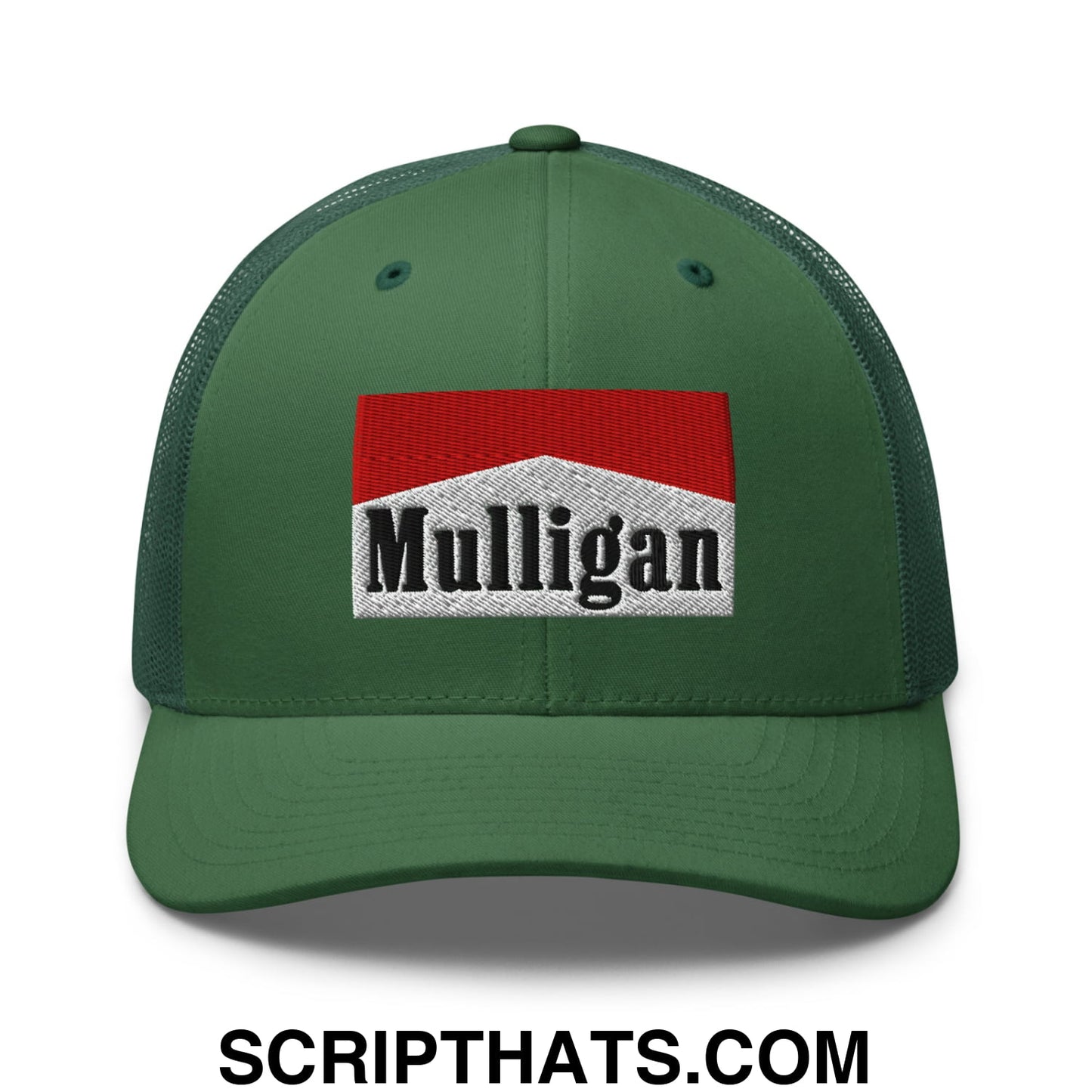 Mulligan Cigarette Red Embroidered Mesh Trucker Hat Evergreen