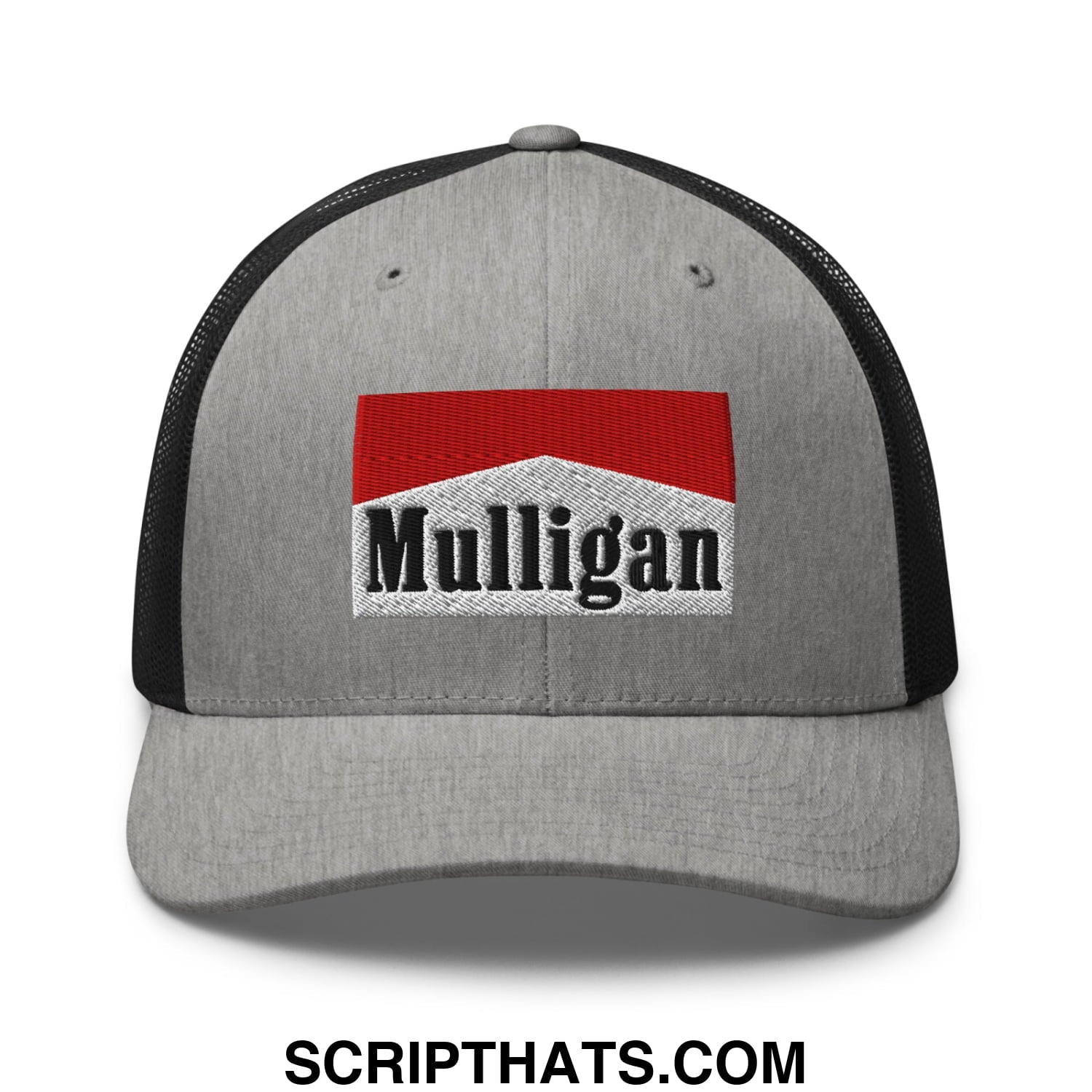Mulligan Cigarette Red Embroidered Mesh Trucker Hat Heather Black