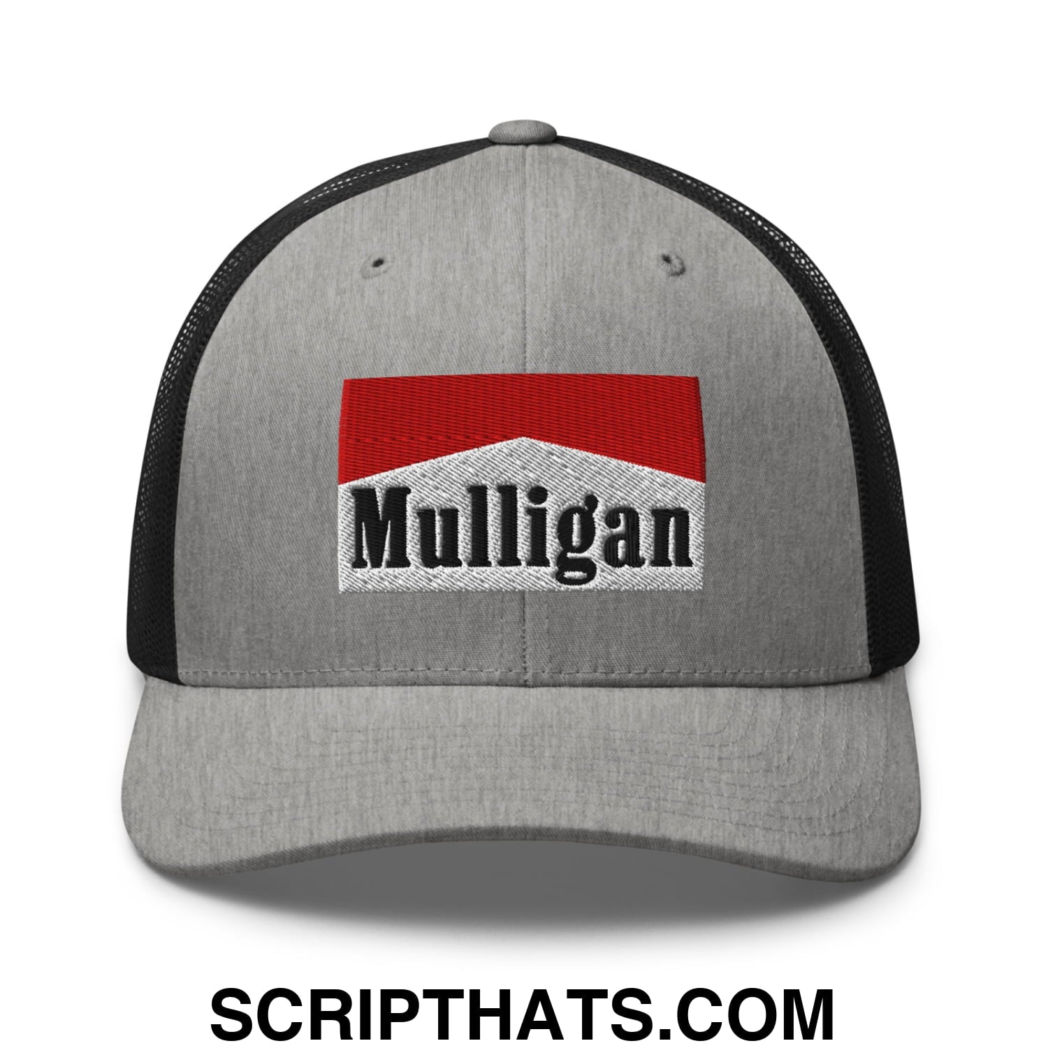 Mulligan Cigarette Red Embroidered Mesh Trucker Hat Heather Black