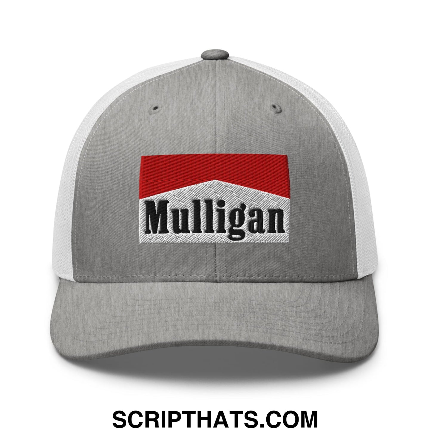 Mulligan Cigarette Red Embroidered Mesh Trucker Hat Heather Grey White