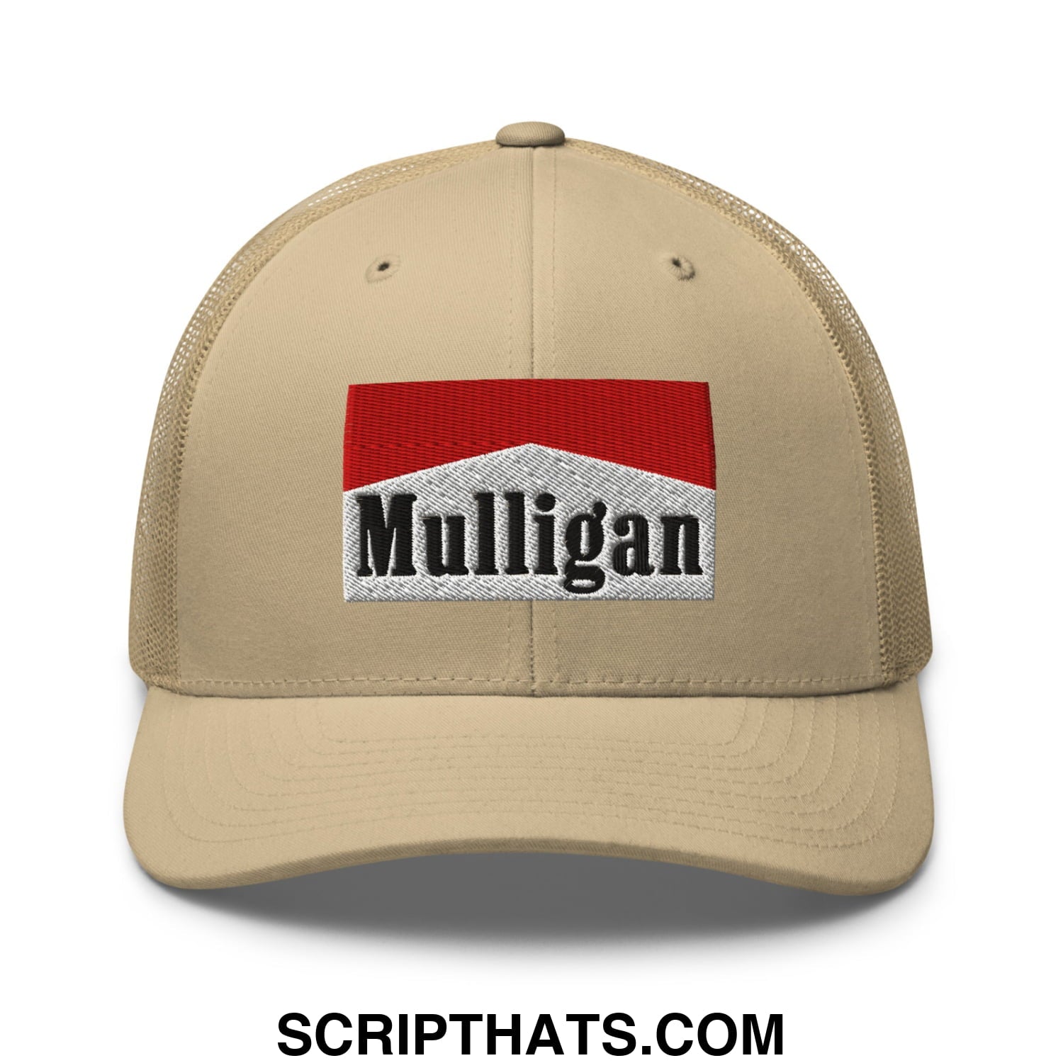 Mulligan Cigarette Red Embroidered Mesh Trucker Hat Khaki