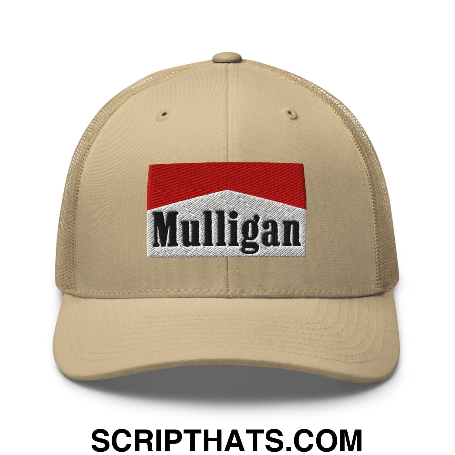 Mulligan Cigarette Red Embroidered Mesh Trucker Hat Khaki