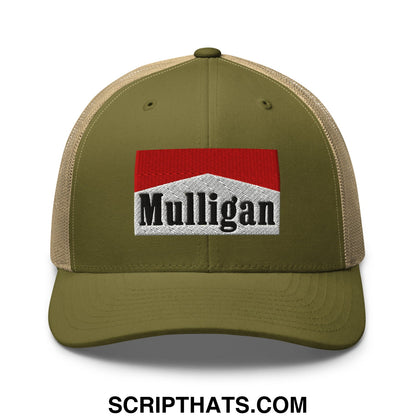 Mulligan Cigarette Red Embroidered Mesh Trucker Hat Moss Khaki