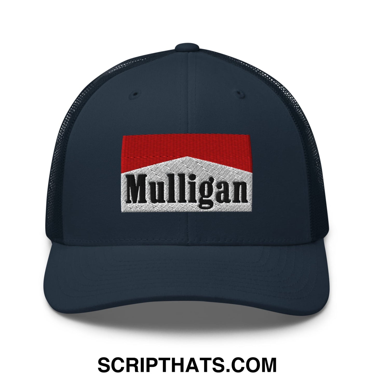 Mulligan Cigarette Red Embroidered Mesh Trucker Hat Navy