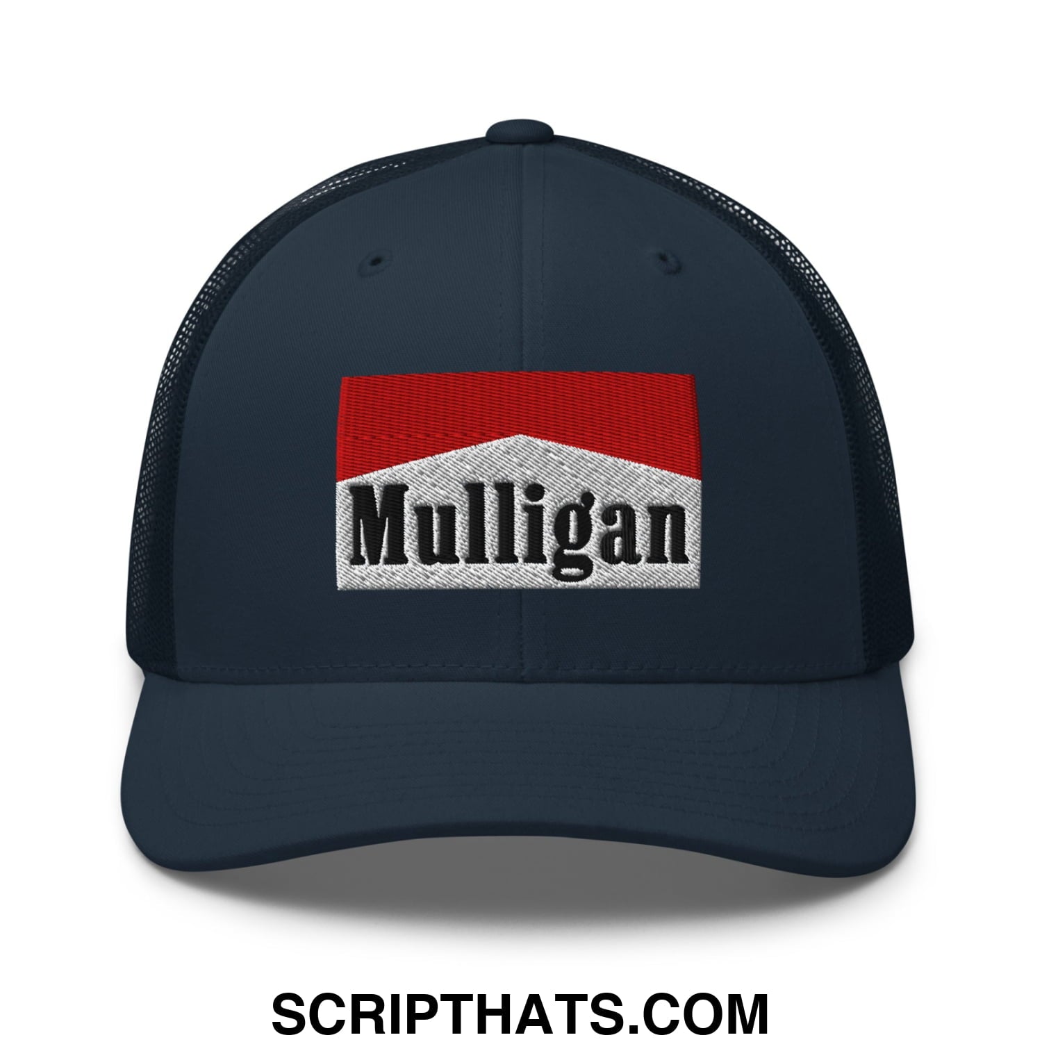 Mulligan Cigarette Red Embroidered Mesh Trucker Hat Navy