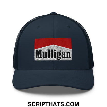 Mulligan Cigarette Red Embroidered Mesh Trucker Hat Navy
