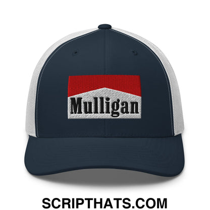 Mulligan Cigarette Red Embroidered Mesh Trucker Hat Navy White