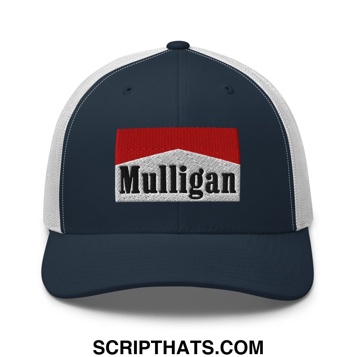 Mulligan Cigarette Red Embroidered Mesh Trucker Hat Navy White