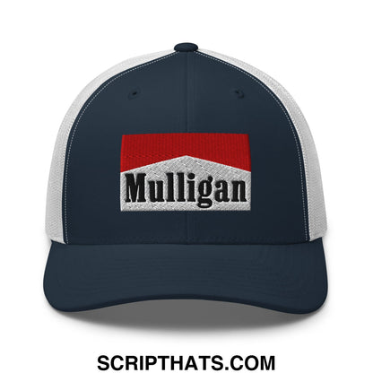 Mulligan Cigarette Red Embroidered Mesh Trucker Hat Navy White