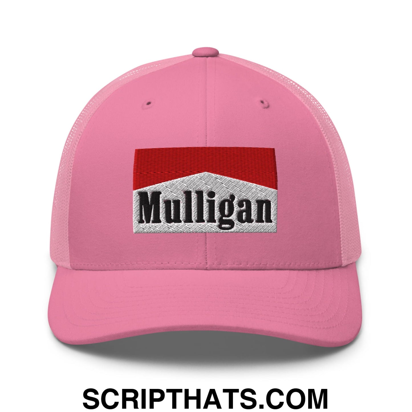 Mulligan Cigarette Red Embroidered Mesh Trucker Hat Pink