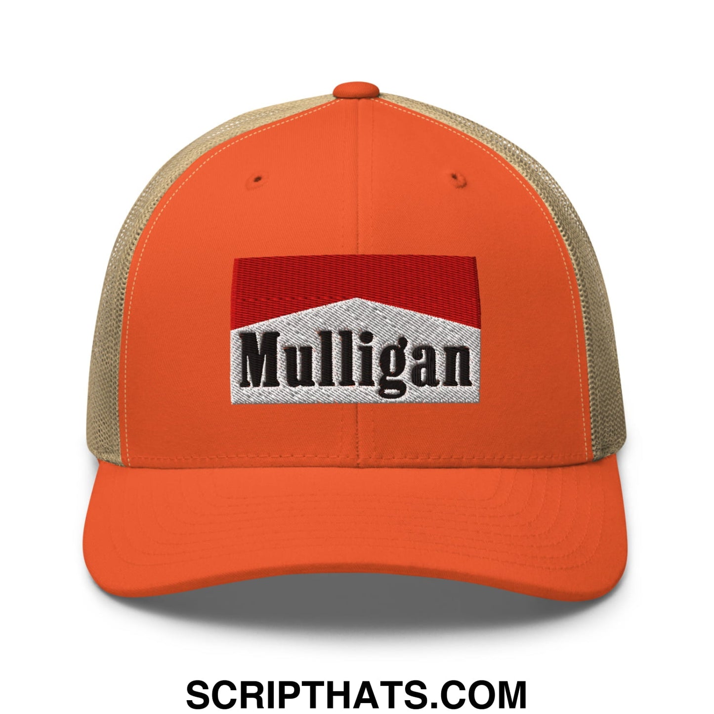 Mulligan Cigarette Red Embroidered Mesh Trucker Hat Rustic Orange Khaki