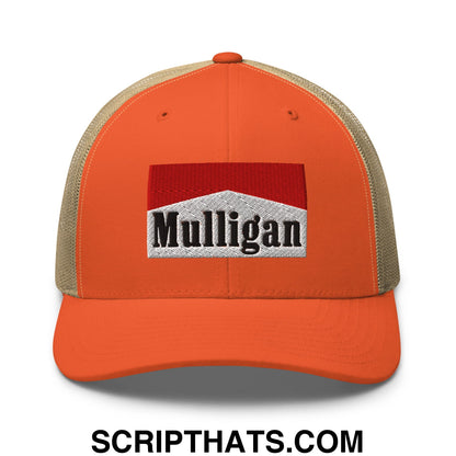 Mulligan Cigarette Red Embroidered Mesh Trucker Hat Rustic Orange Khaki