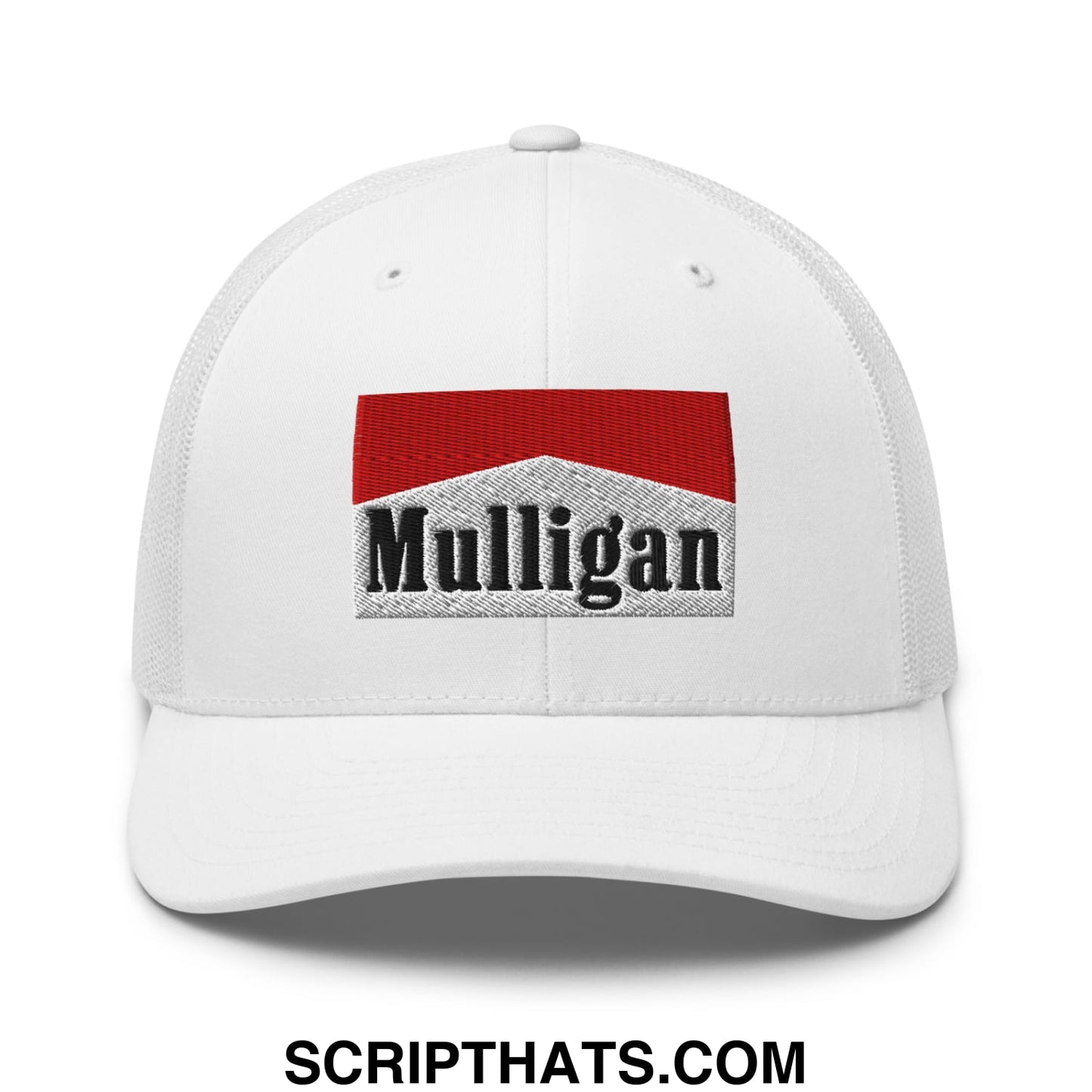 Mulligan Cigarette Red Embroidered Mesh Trucker Hat White