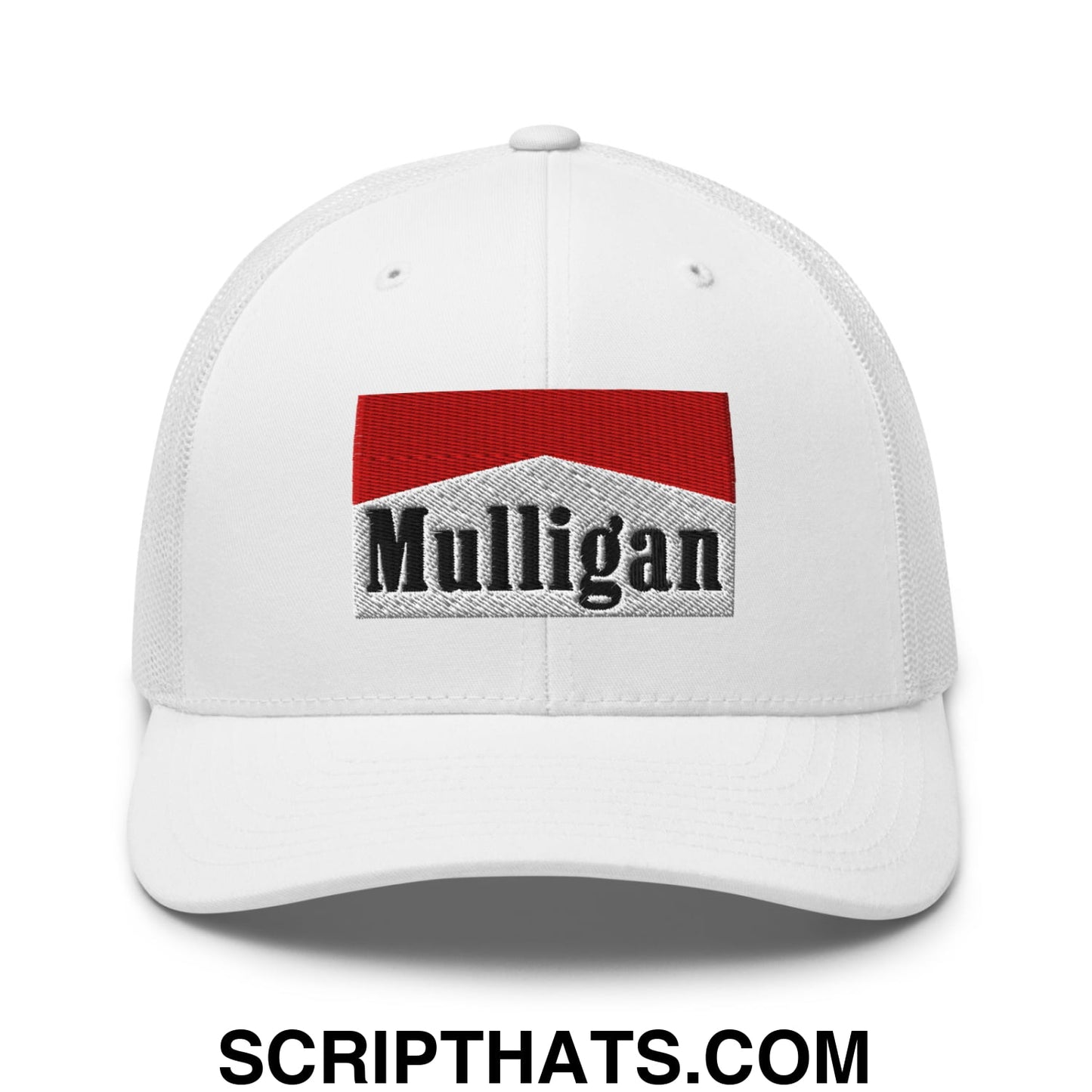 Mulligan Cigarette Red Embroidered Mesh Trucker Hat White