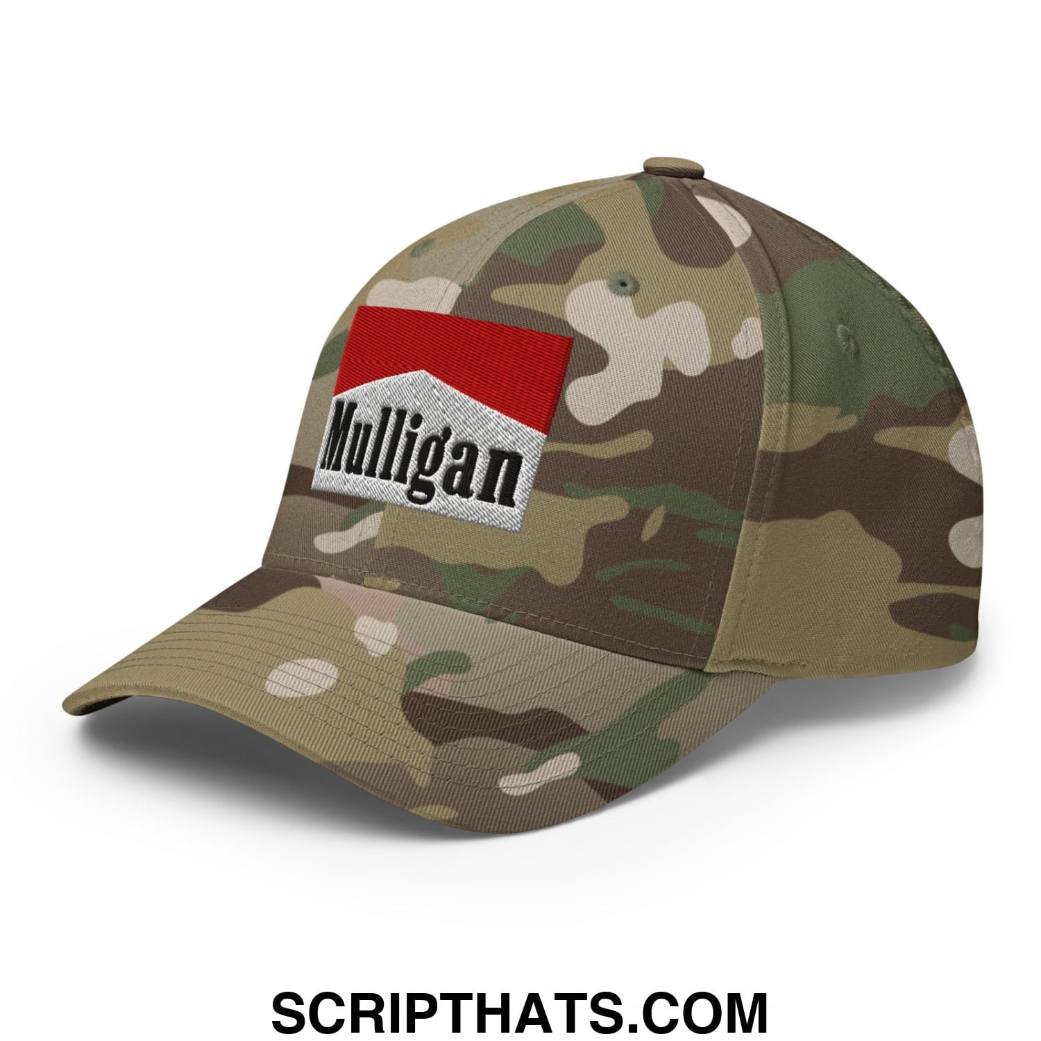 Mulligan Cigarette Red Embroidered Stretch Fit Golf Hat Multicam Green