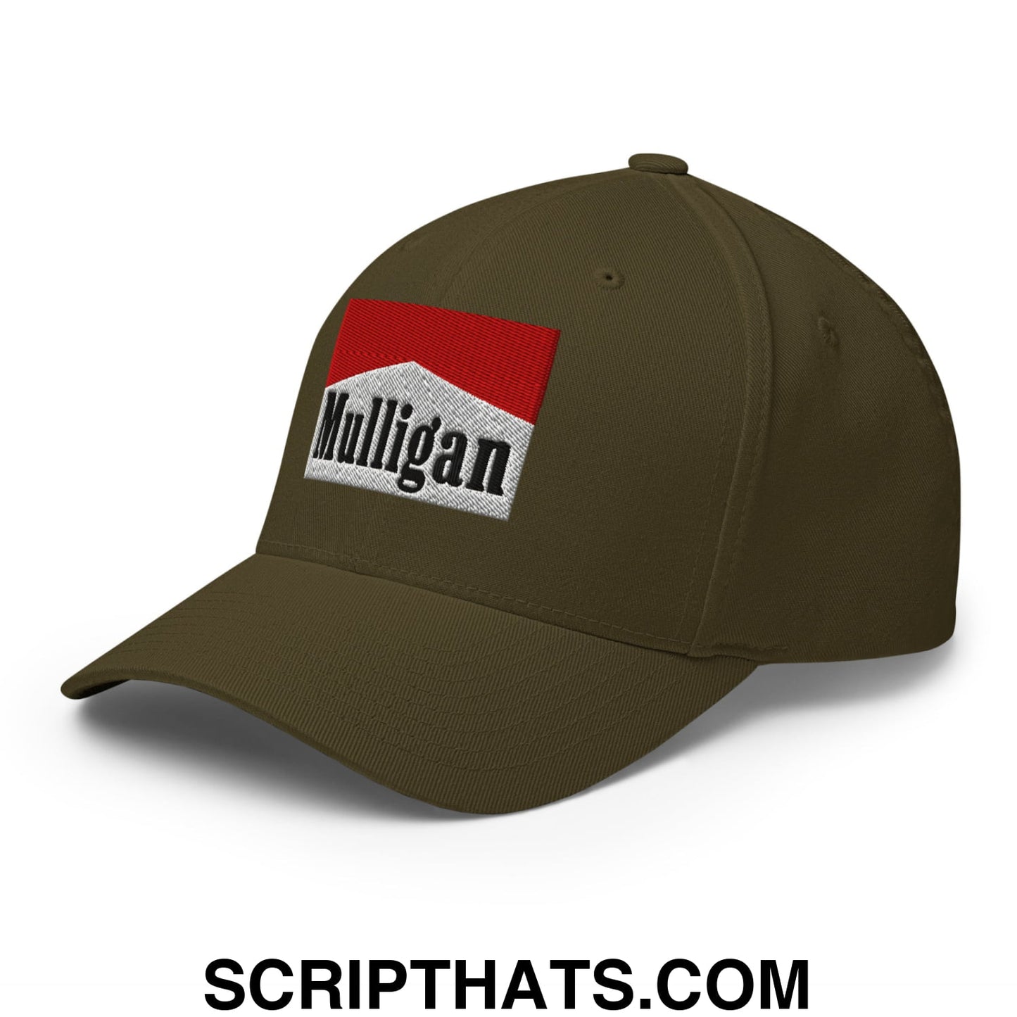 Mulligan Cigarette Red Embroidered Stretch Fit Golf Hat Olive