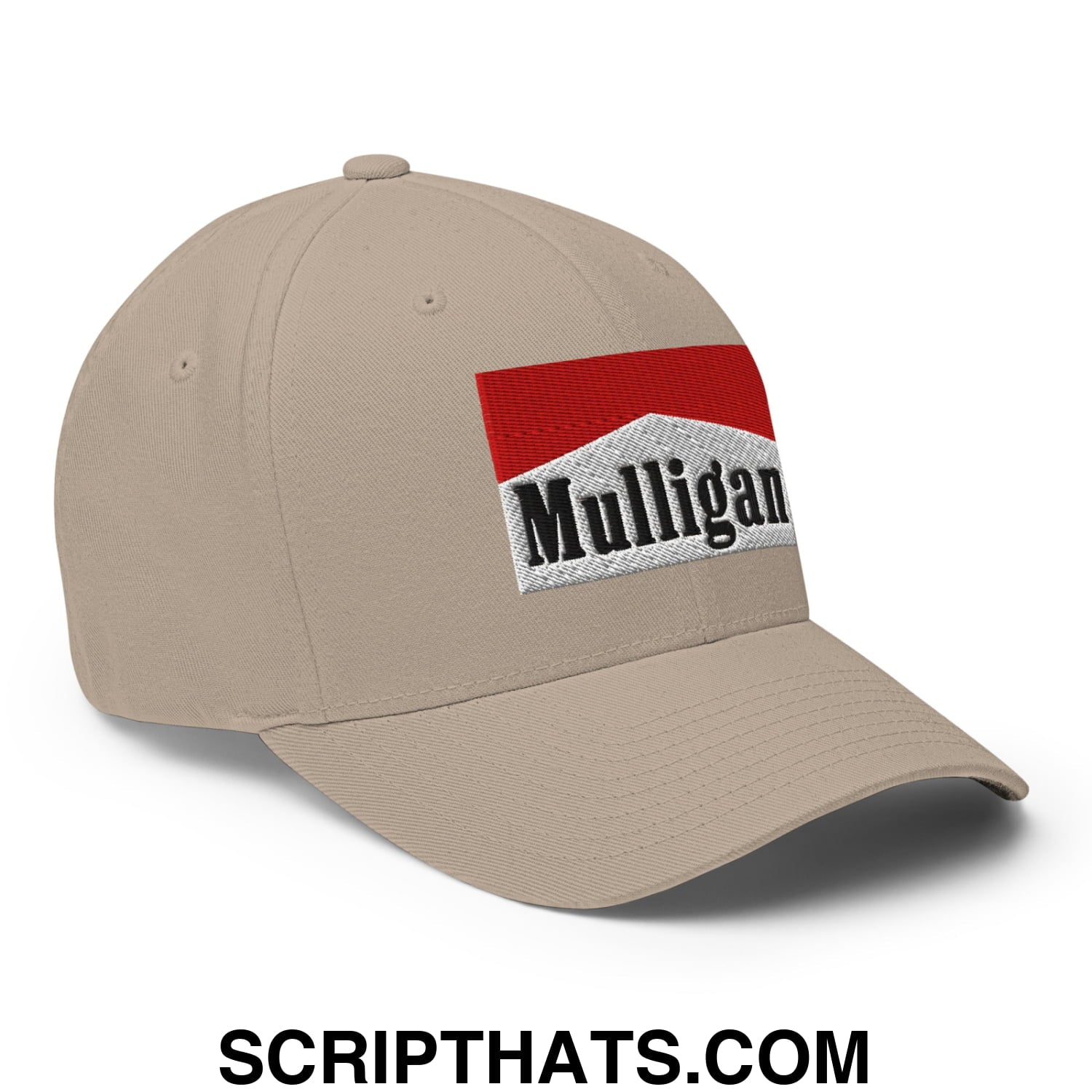 Mulligan Cigarette Red Embroidered Stretch Fit Golf Hat Khaki