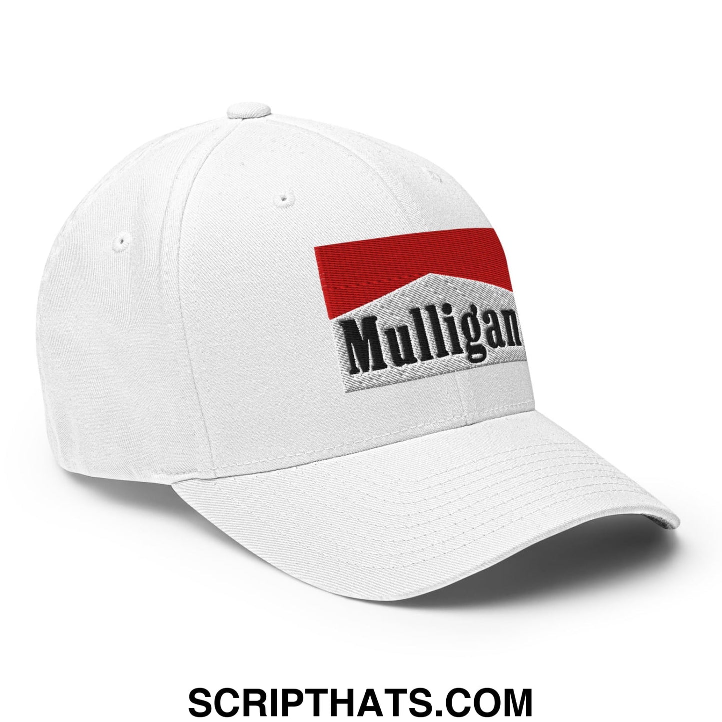 Mulligan Cigarette Red Embroidered Stretch Fit Golf Hat White