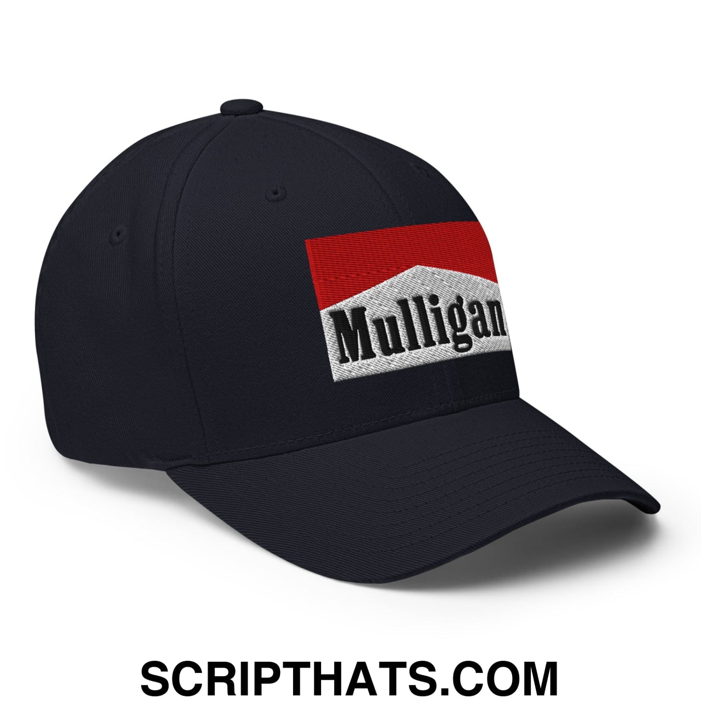 Mulligan Cigarette Red Embroidered Stretch Fit Golf Hat Dark Navy
