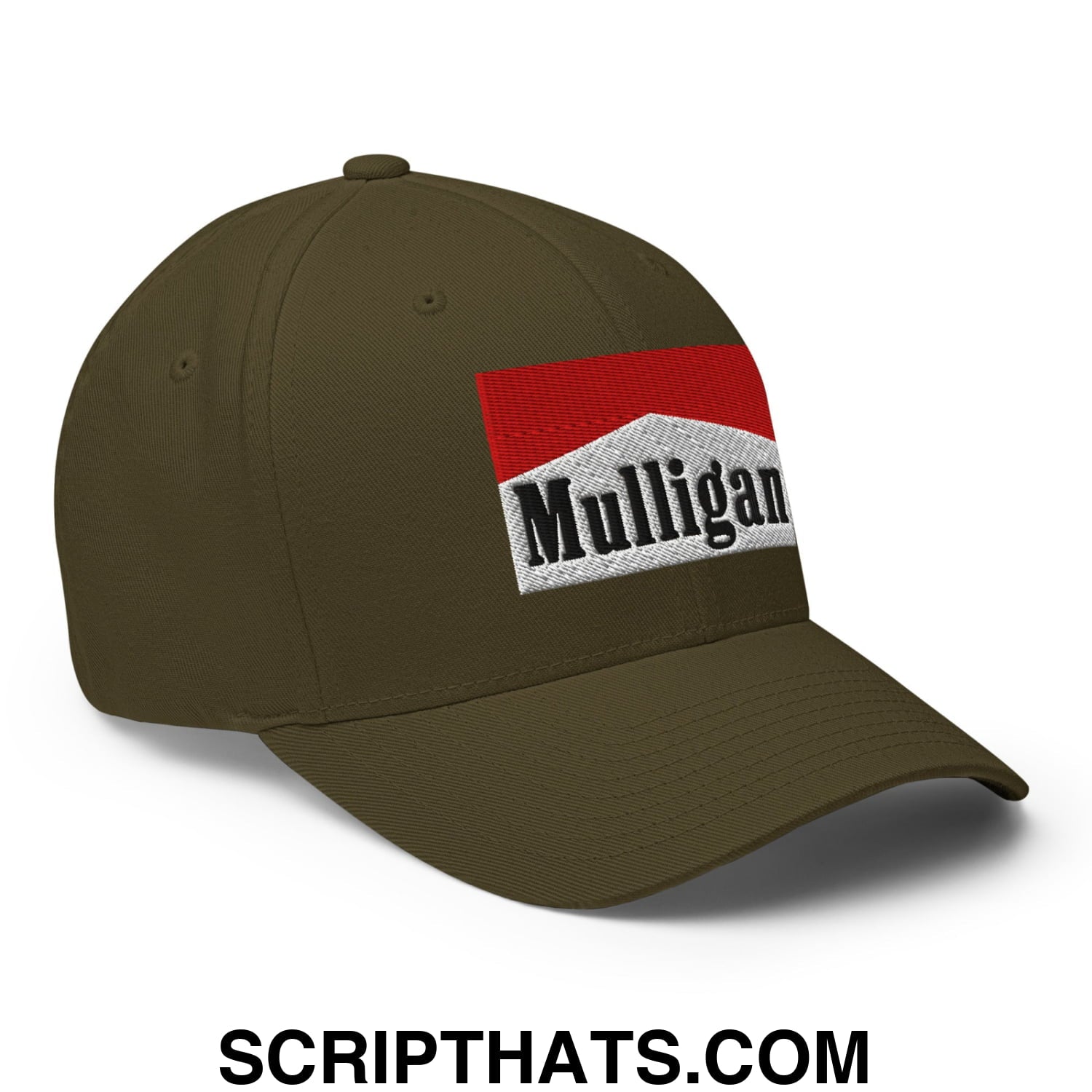 Mulligan Cigarette Red Embroidered Stretch Fit Golf Hat Olive
