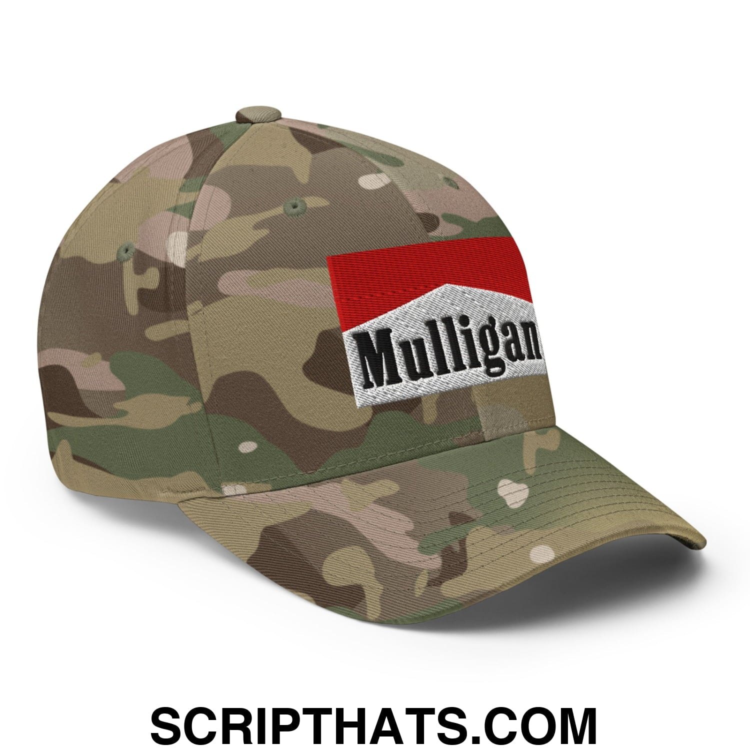 Mulligan Cigarette Red Embroidered Stretch Fit Golf Hat Multicam Green