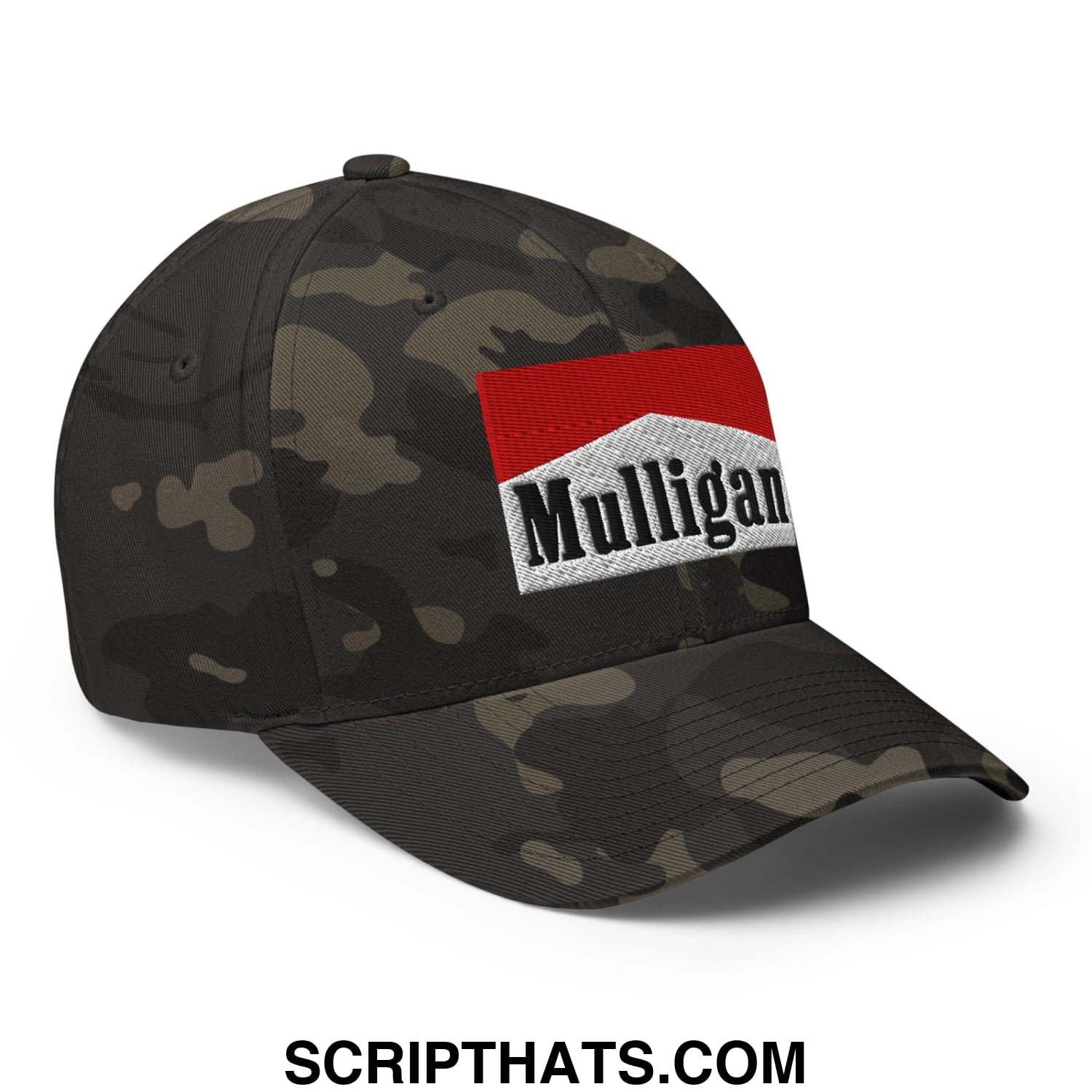 Mulligan Cigarette Red Embroidered Stretch Fit Golf Hat Multicam Black