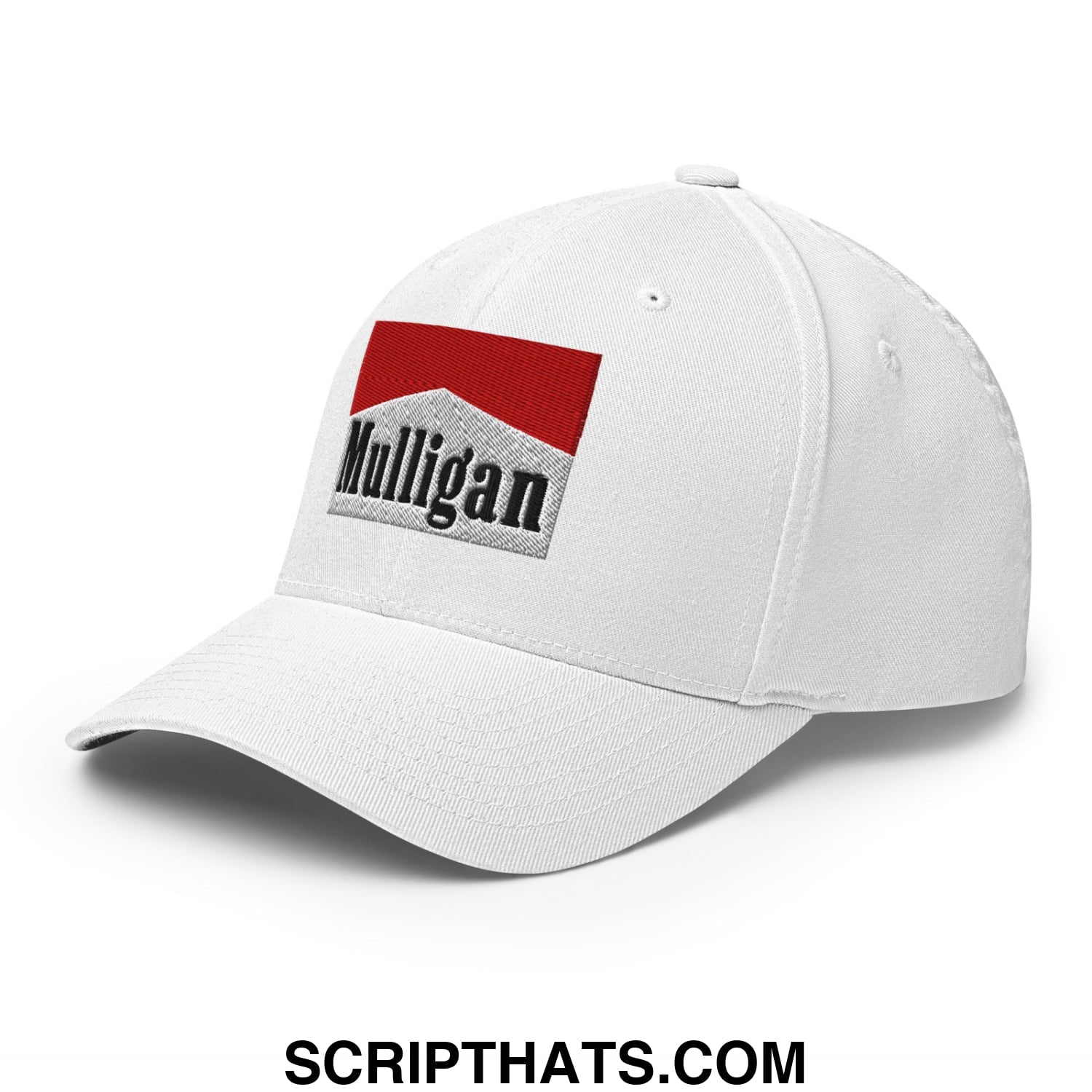 Mulligan Cigarette Red Embroidered Stretch Fit Golf Hat White