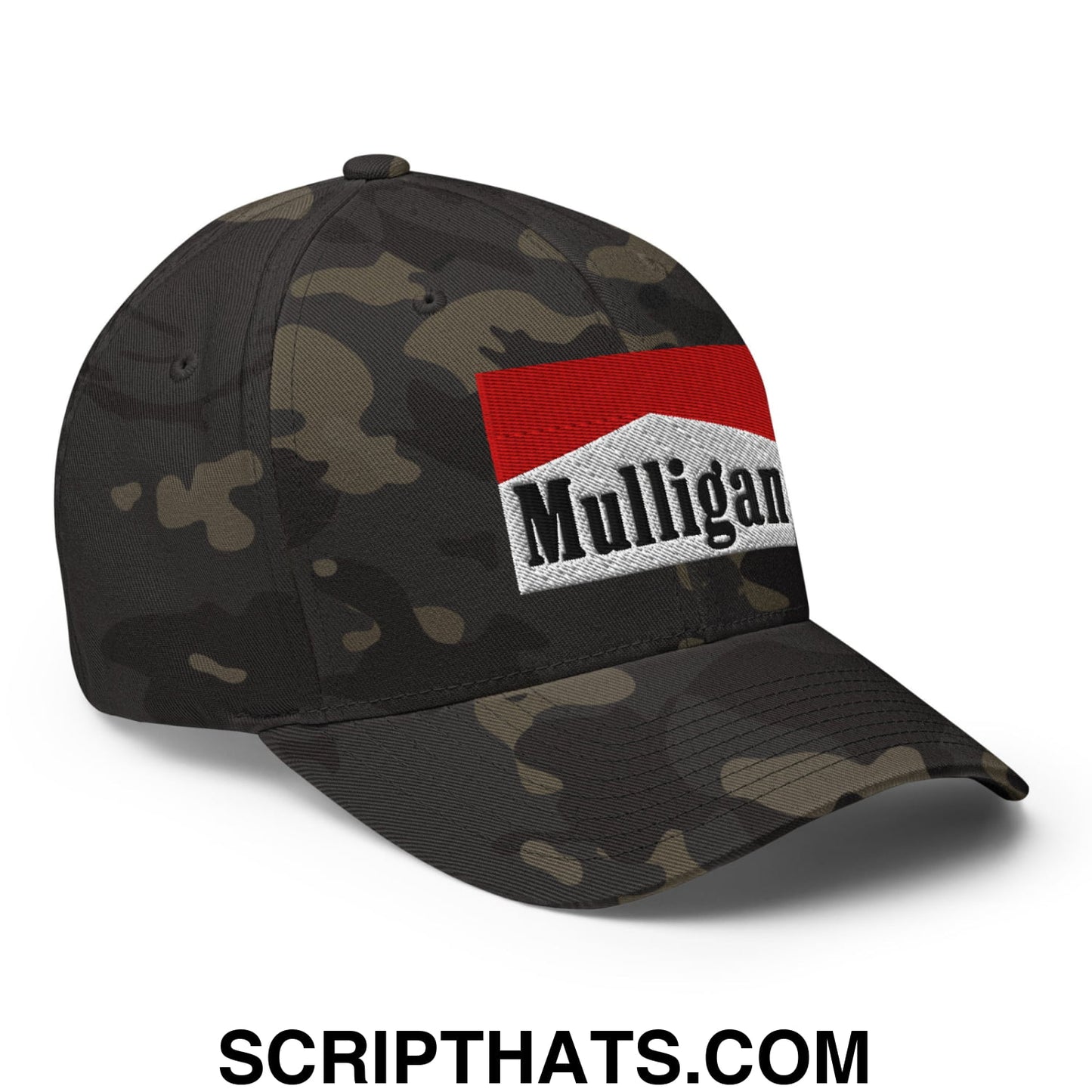 Mulligan Cigarette Red Embroidered Stretch Fit Golf Hat Multicam Black