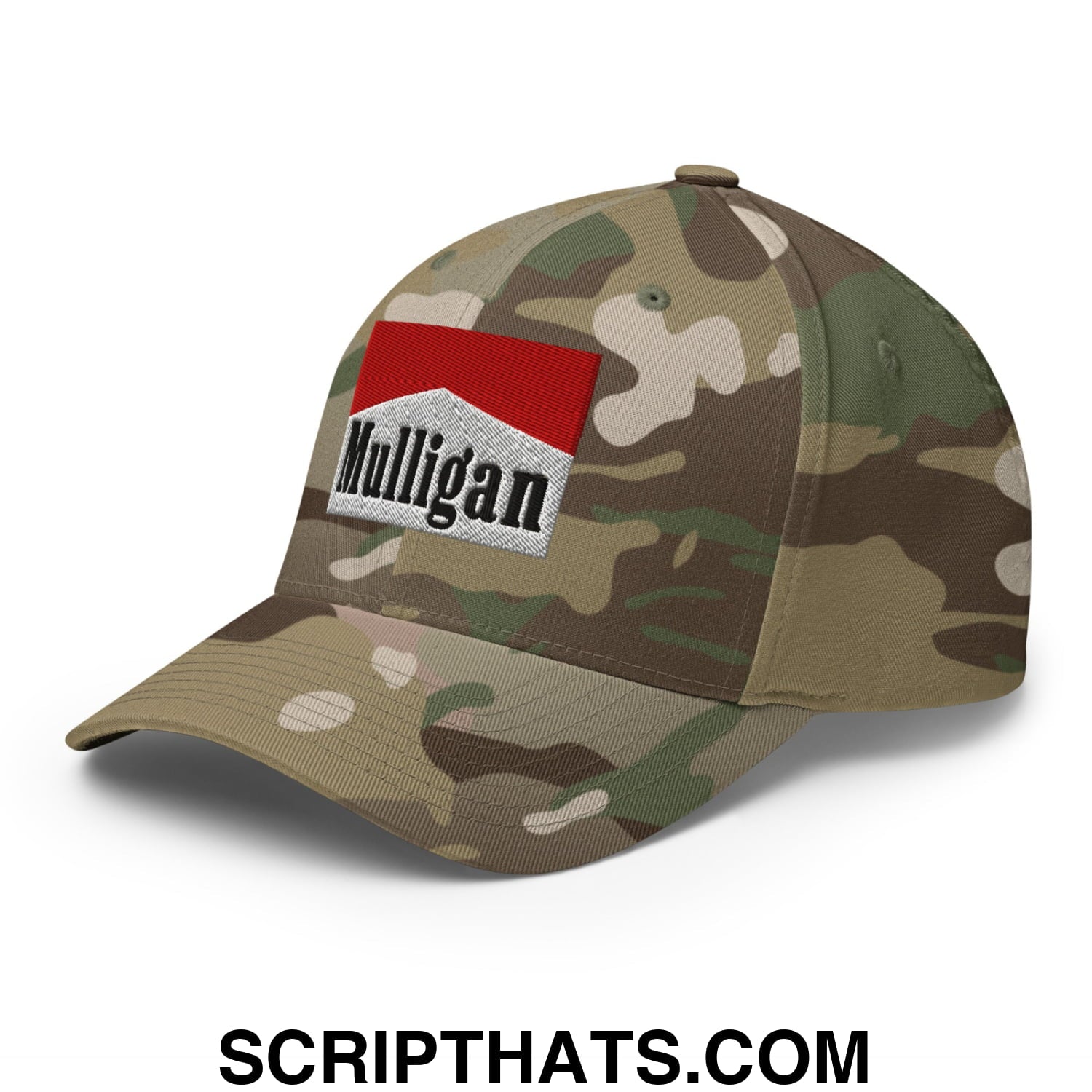 Mulligan Cigarette Red Embroidered Stretch Fit Golf Hat Multicam Green