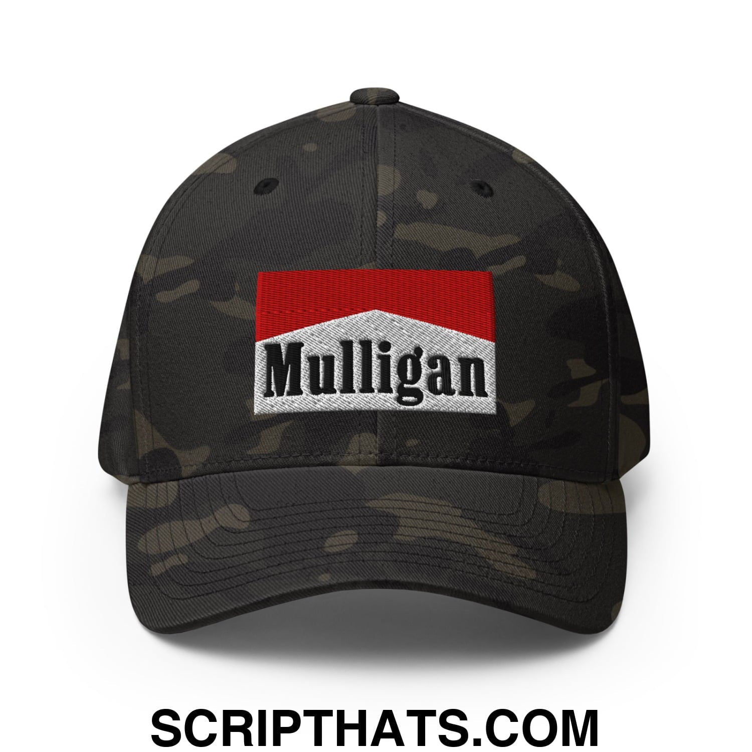 Mulligan Cigarette Red Embroidered Stretch Fit Golf Hat Multicam Black