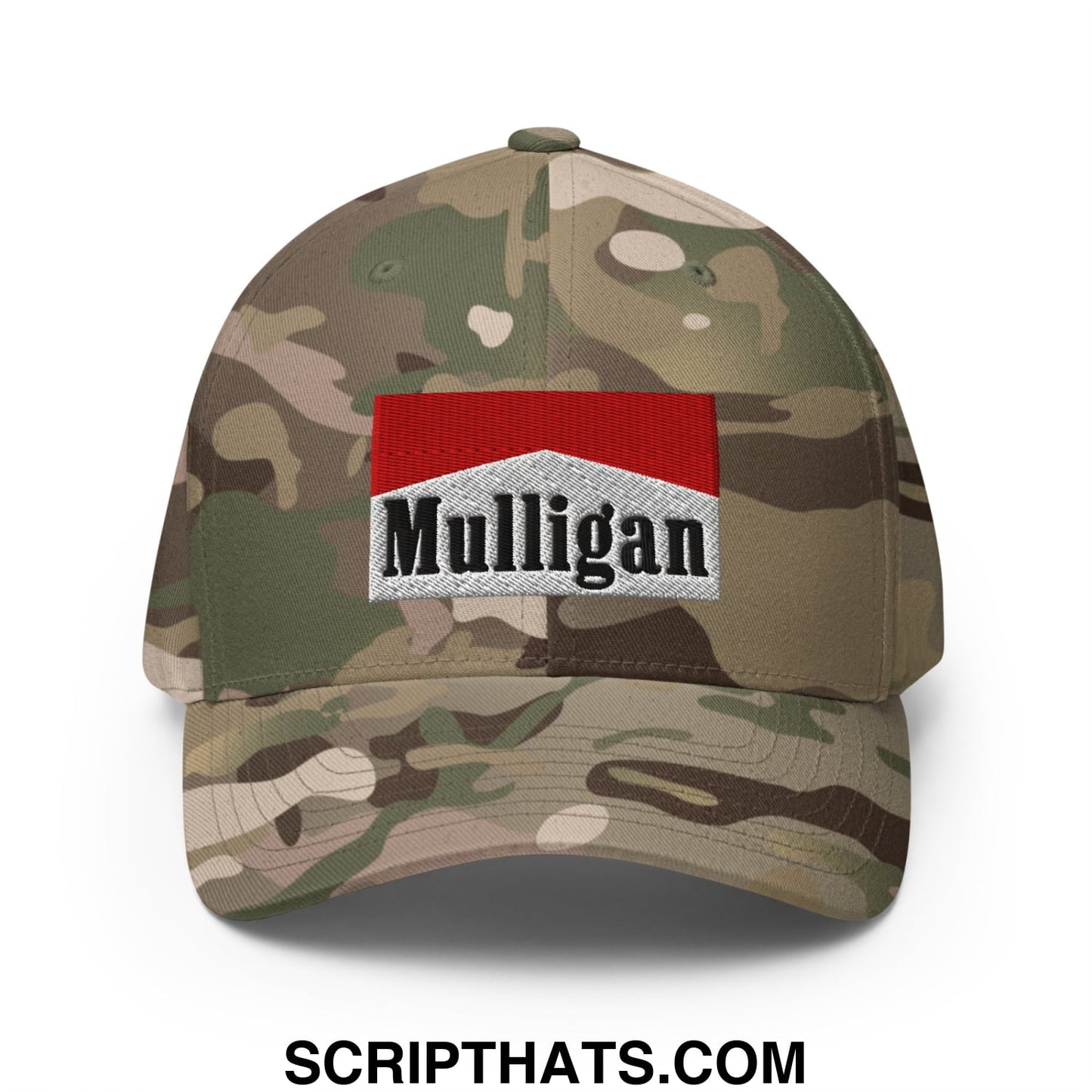 Mulligan Cigarette Red Embroidered Stretch Fit Golf Hat Multicam Green