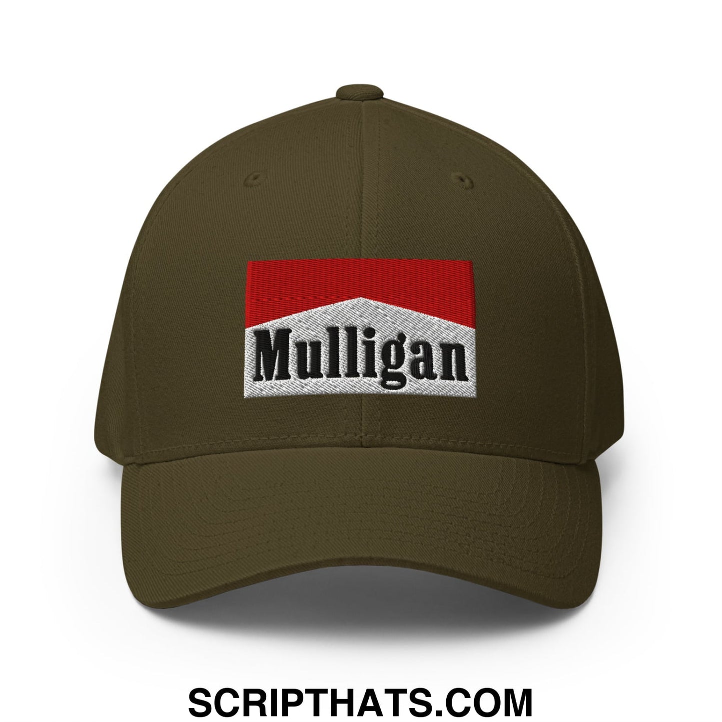 Mulligan Cigarette Red Embroidered Stretch Fit Golf Hat Olive