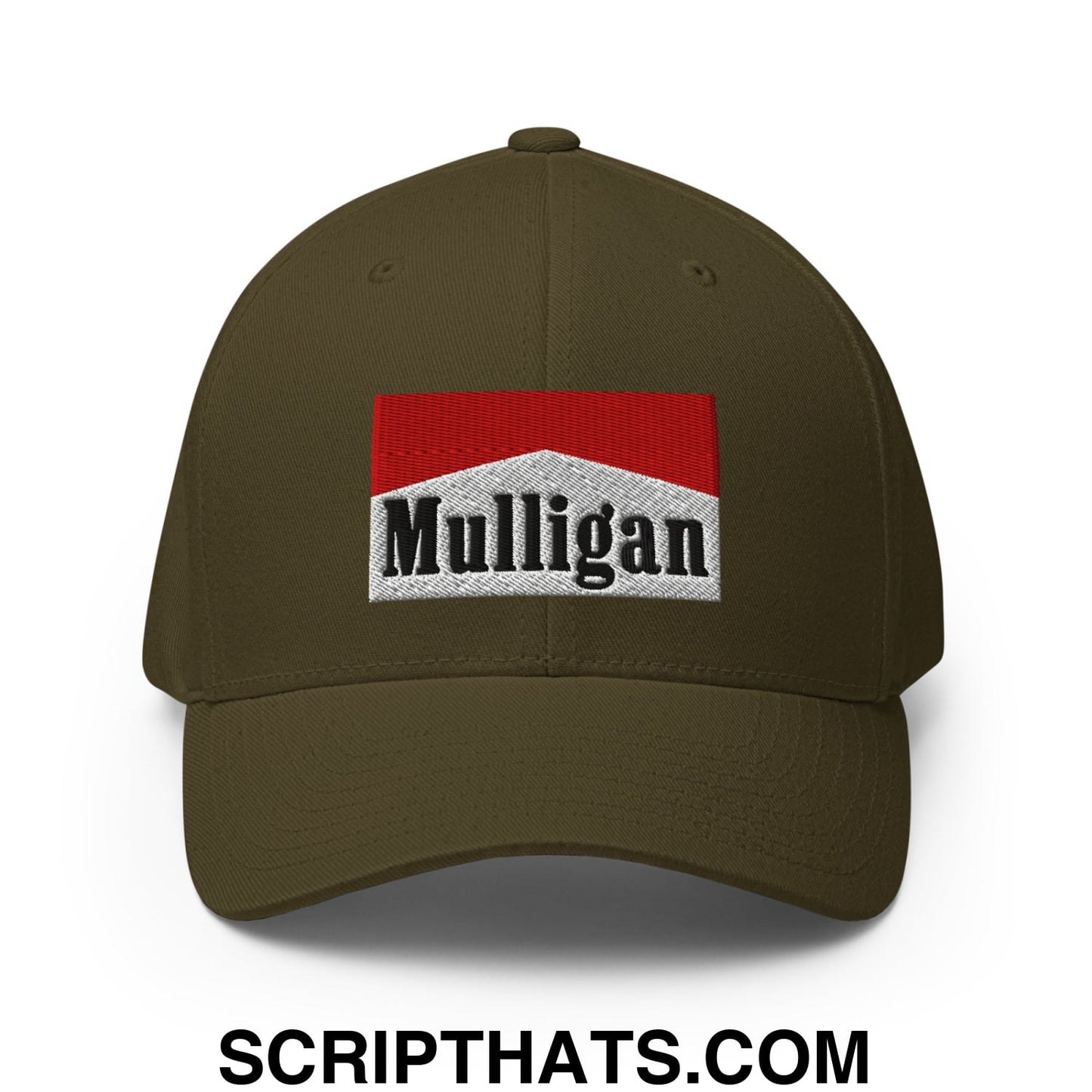 Mulligan Cigarette Red Embroidered Stretch Fit Golf Hat Olive