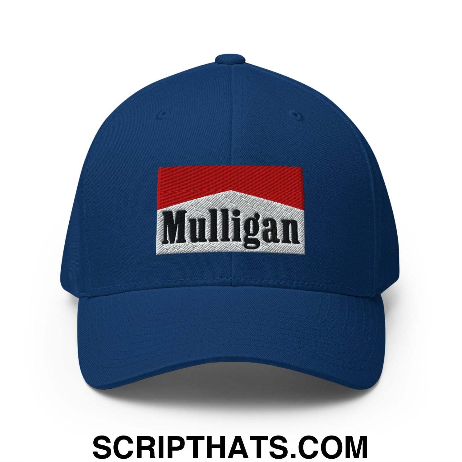 Mulligan Cigarette Red Embroidered Stretch Fit Golf Hat Royal Blue