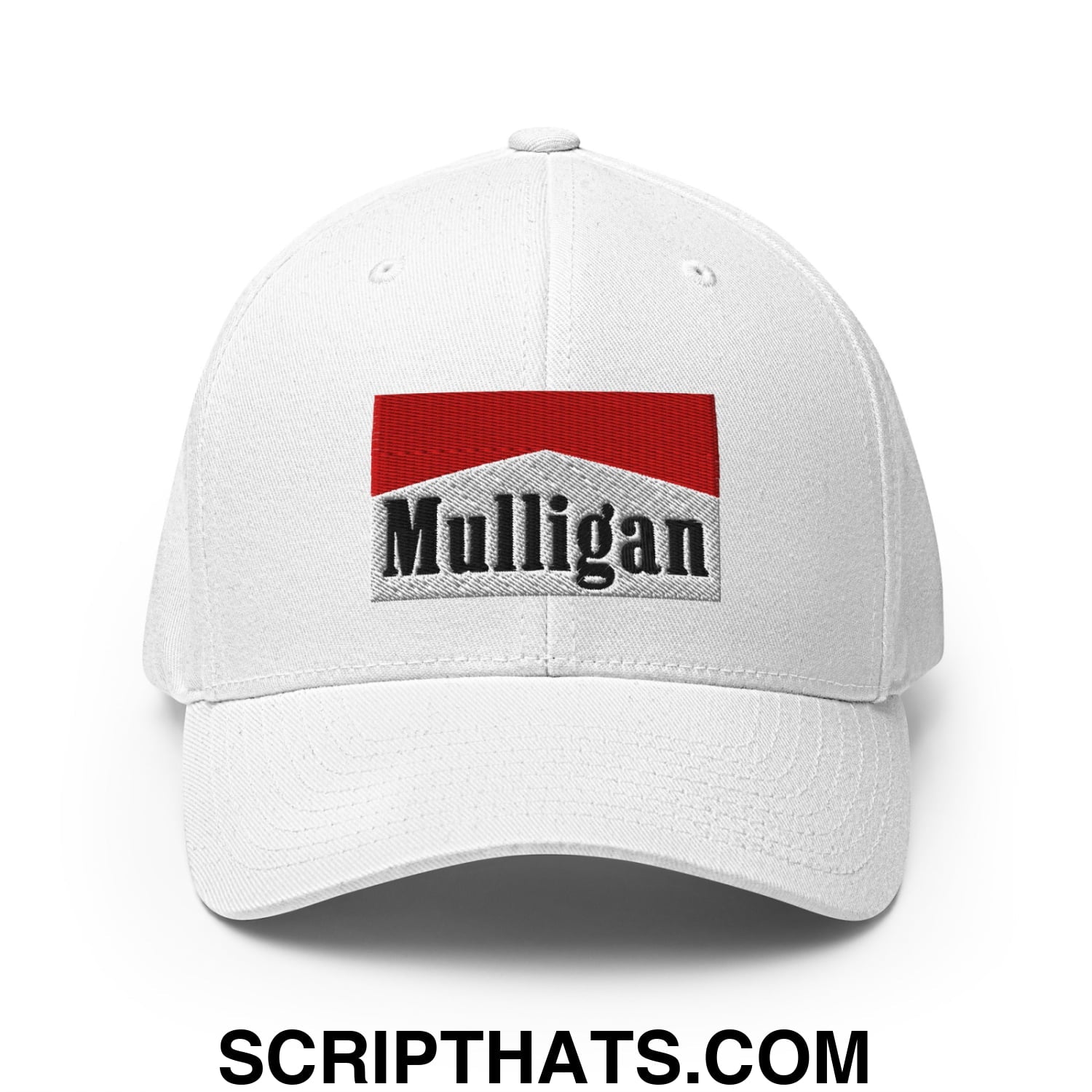 Mulligan Cigarette Red Embroidered Stretch Fit Golf Hat White