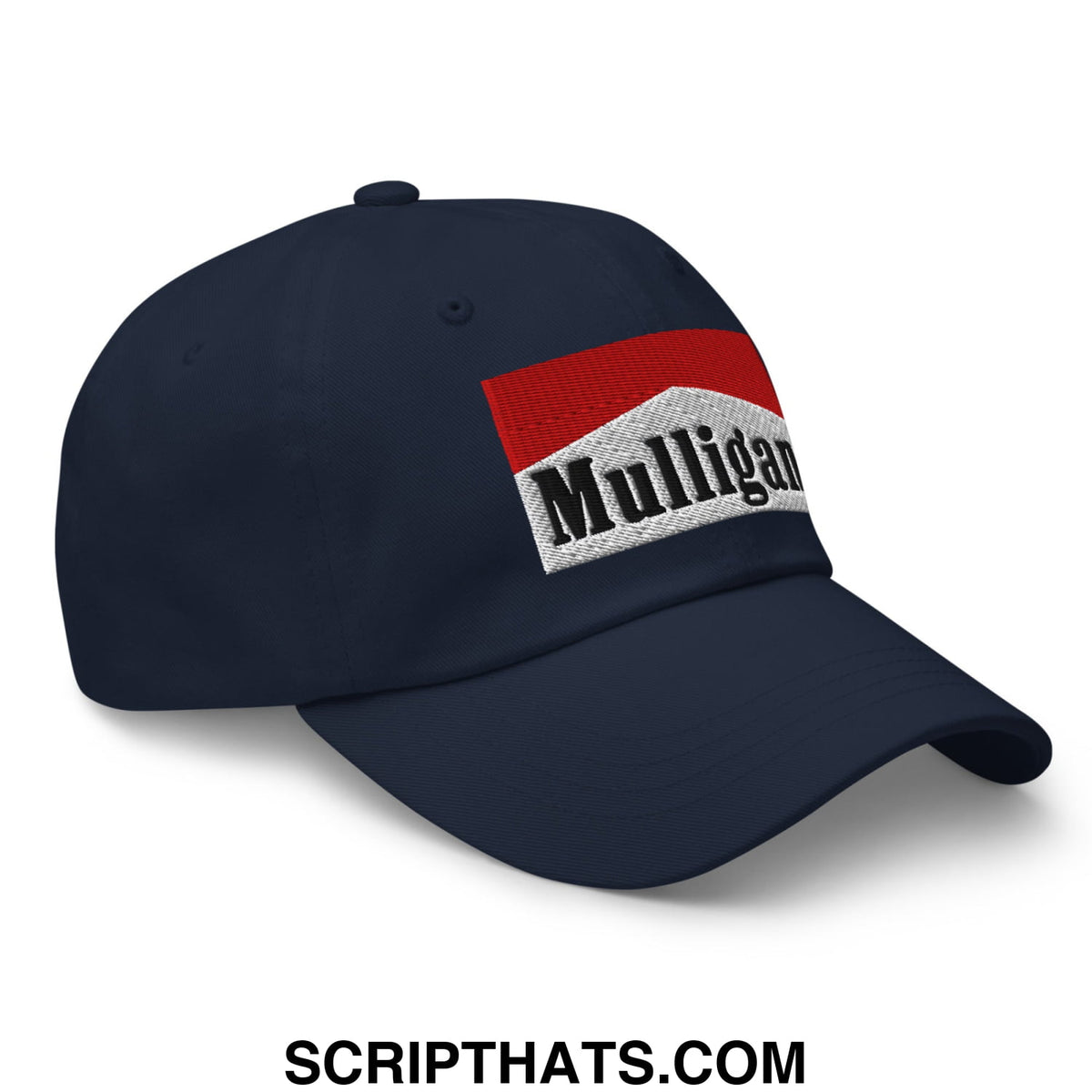 Navy blue unstructured golf dad hat with red and white embroidered mulligan logo rectangular design