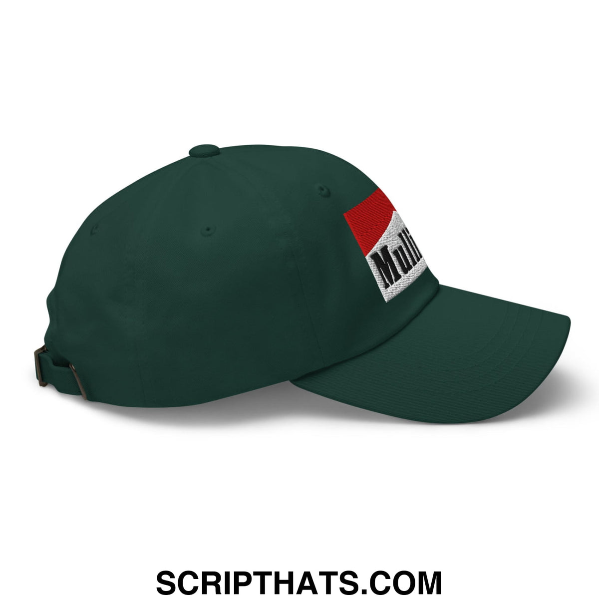 Dark green unstructured golf dad hat with red and white mulligan cigarette embroidered logo on the side