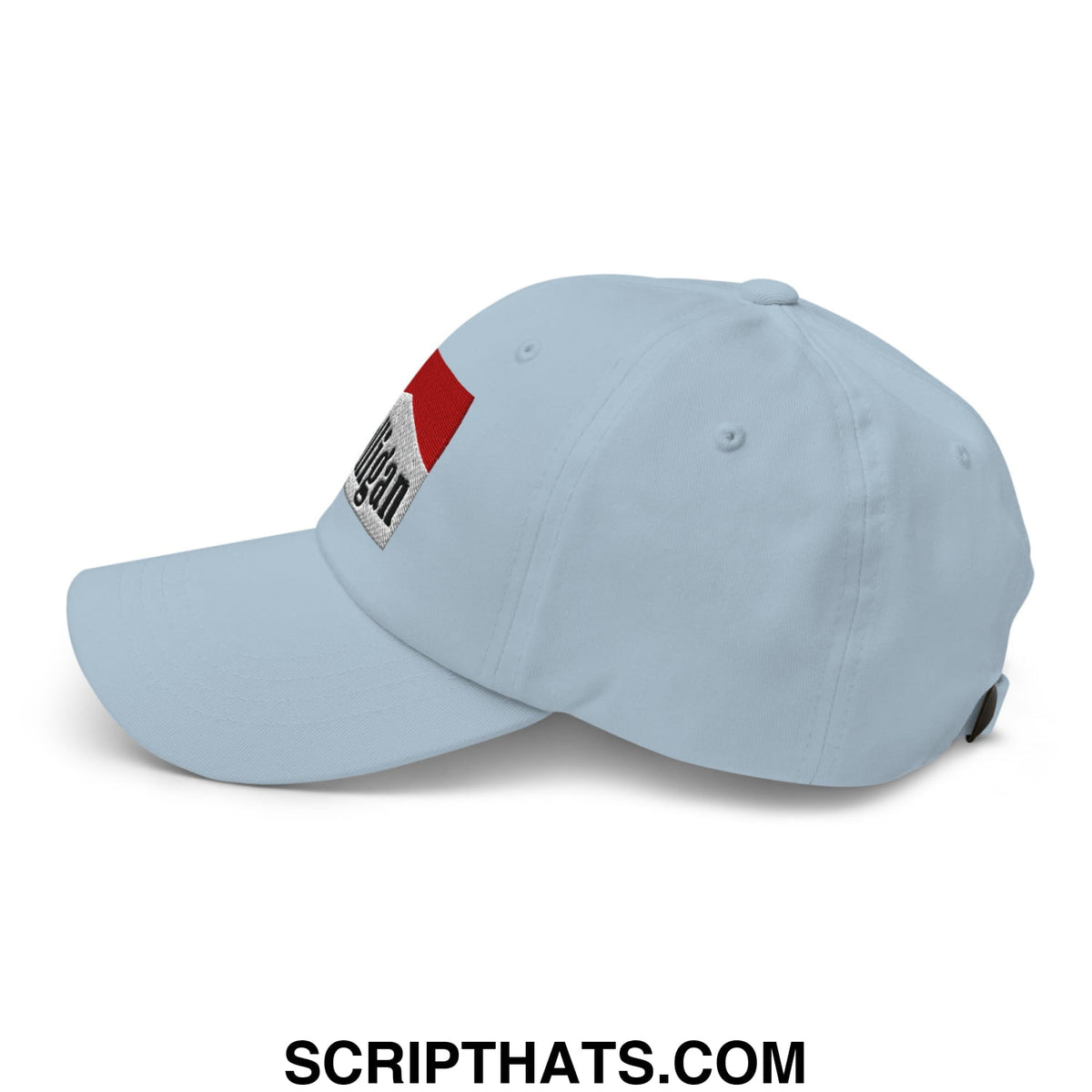 Light blue unstructured golf dad hat with red and silver embroidered morgan patch for casual outdoor use