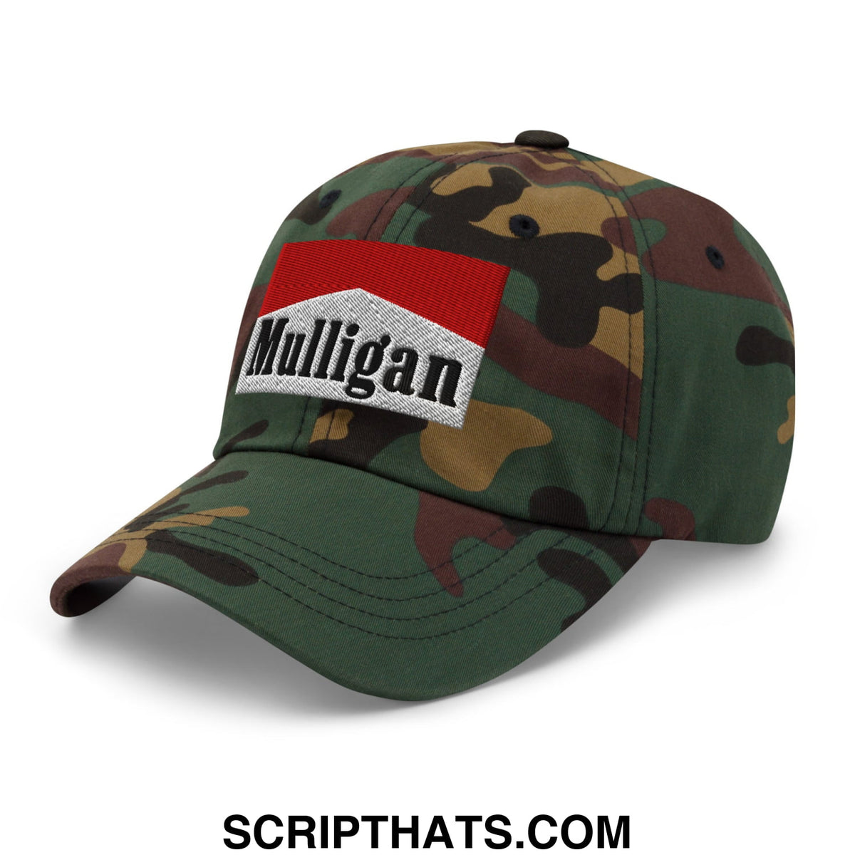 Camouflage baseball cap with red and white embroidered mulligan logo patch unstructured golf dad hat