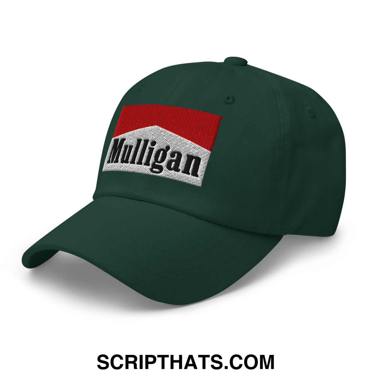 Dark green unstructured golf dad hat featuring an embroidered red and white mulligan cigarette logo