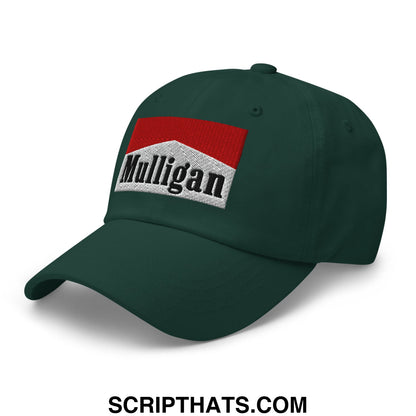 Dark green unstructured golf dad hat featuring an embroidered red and white mulligan cigarette logo