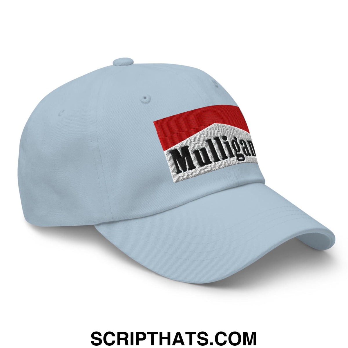 Light blue unstructured golf dad hat with red and white mulligan cigarette embroidered logo design