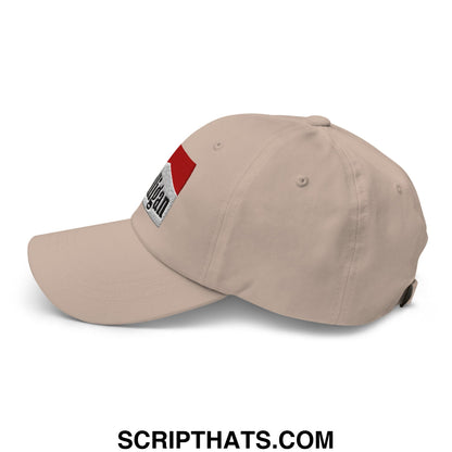 Beige unstructured golf dad hat with a red and white embroidered michigan patch from mulligan cigarette