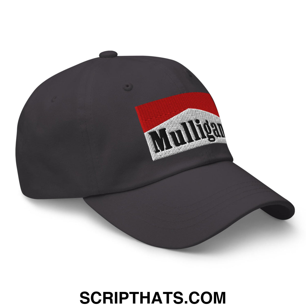 Dark gray unstructured golf dad hat with red and white embroidered mulligan logo inspired by Marlboro design